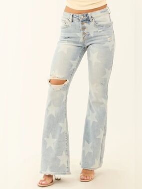 Risen Mid Rise Star Print Stretchy Flare Jeans Size 29